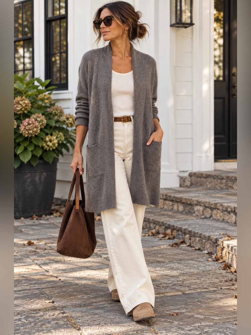 Philosophy by Dane Lewis Cashmere Open Front Cardigan in Taupe Size Petite Large